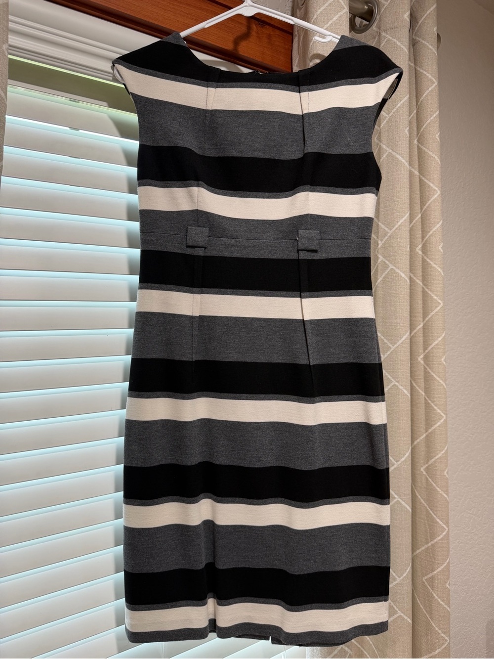 Calvin Klein Striped Sleeveless Midi Sheath Dress in Black, Gray & Cream
